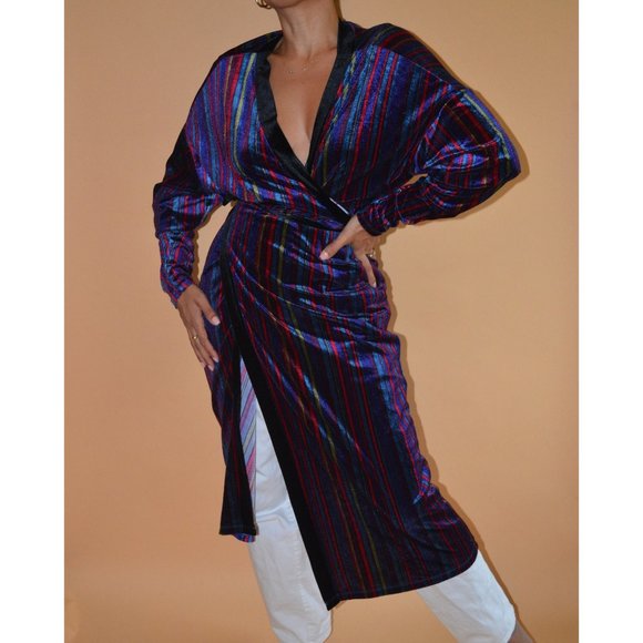 Nostalgic Striped Velvet Robe Dress - Picture 1 of 5